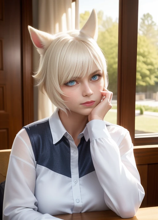 (8k, RAW photo, best quality, masterpiece:1.2), (realistic, photo-realistic:1.37),1 girl, cute, adorable, (blue eyes), alluring face, (solo),detailed face, round face, slender, petite breast, white shirt, dramatic angle, head tilt, head resting on hand, inside cafe, sitting by the window, small head, looking away, ((hand resting on face)), <lora:yshtolaFFXIV_v1:0.8>