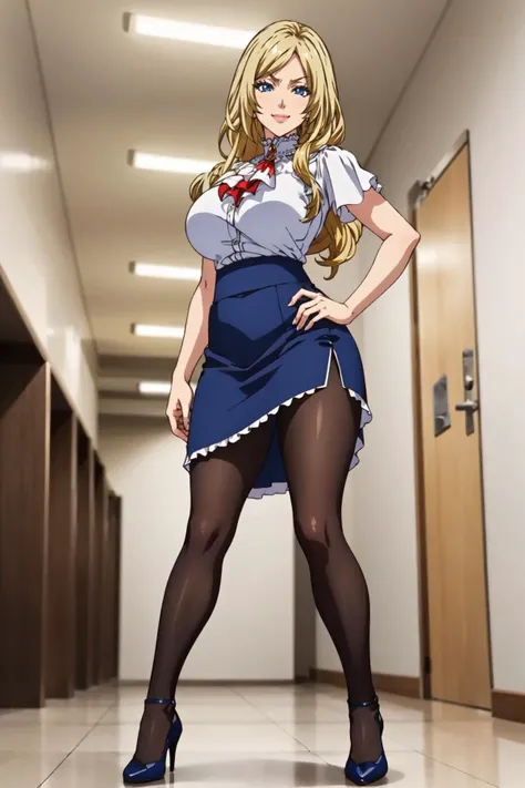 masterpiece, best quality,  <lora:MiriaMatsubara-10:1> fwmiria, huge breasts, brooch, white ascot, white shirt, short sleeves, frills, blue skirt, pantyhose, high heels, contrapposto, hand to hips, from below, smirk, hallway