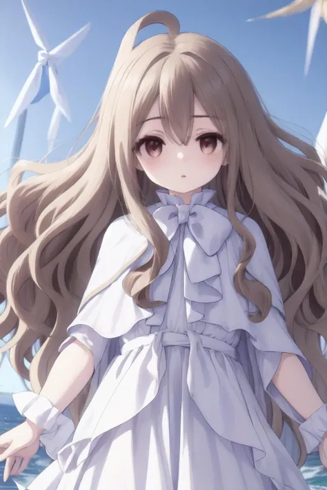 1girl,glowing, extreme quality anime of hollywood movies, <lora:mage sense s1-lora-nochekaiser:0.6> sense, long hair, brown hair, hair between eyes, (brown eyes:1.5), very long hair, ahoge,bow, bowtie, white bow, capelet, blue capelet, frills, wide sleeves,((strong wind of wavy hair:1.5)),