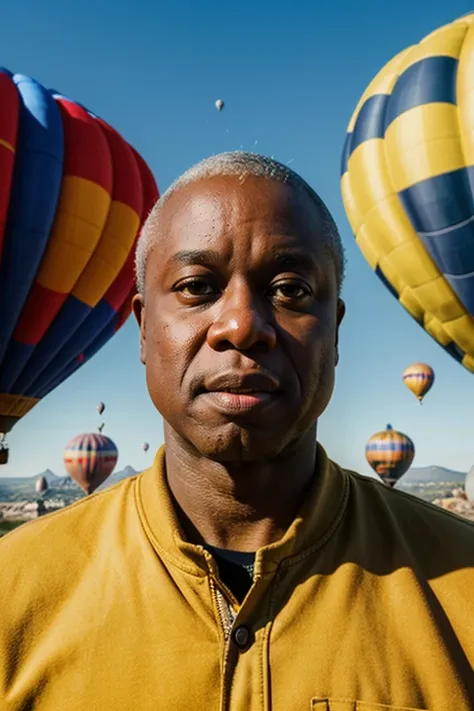 AndreBraugher, photography by (Rodney Smith:1.3), ((upper body focus, shoulders)), modelshoot, pose, (facing viewer, Cappadocia, hot air balloons, looking at viewer, blurry background, bokeh, ID photo:1.3), serious look