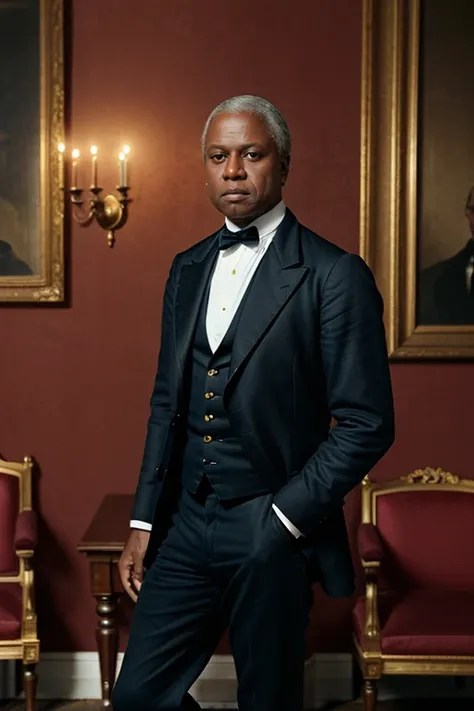 AndreBraugher, ((1880s photograph, upper body, portrait, Victorian menswear, in an opulent Victorian parlor)), large-format wooden box camera, 300mm f/11, 1/5s, ISO 20, ((sepia-toned))