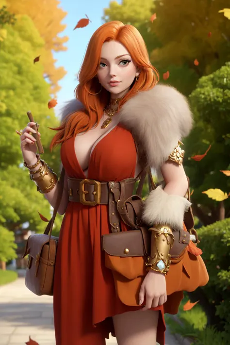 masterpiece, best quality,a woman with orange hair dressed in a costume with fur on her shoulder,a medieval handbag,arm-guard, leaves falling, park background