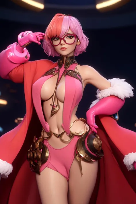 masterpiece, best quality,a woman with pink hair wearing weird futuristic costume, her hand touching her glasses,