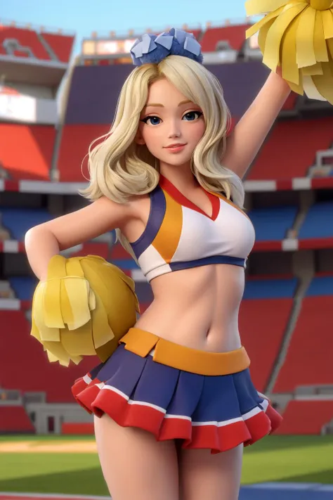 masterpiece,best quality,a blonde cheerleader holding a cheerleader's pom pom in her hand,stadium background
