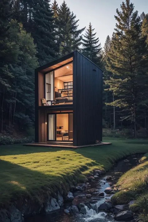 exteriortinyhouse  exterior triangle shape in forest, black panel, morning, stones, river side, ((masterpiece)), realistic, epic, details, grass, cliff, mountain, <lora:ARWexteriortinyhouse:1>