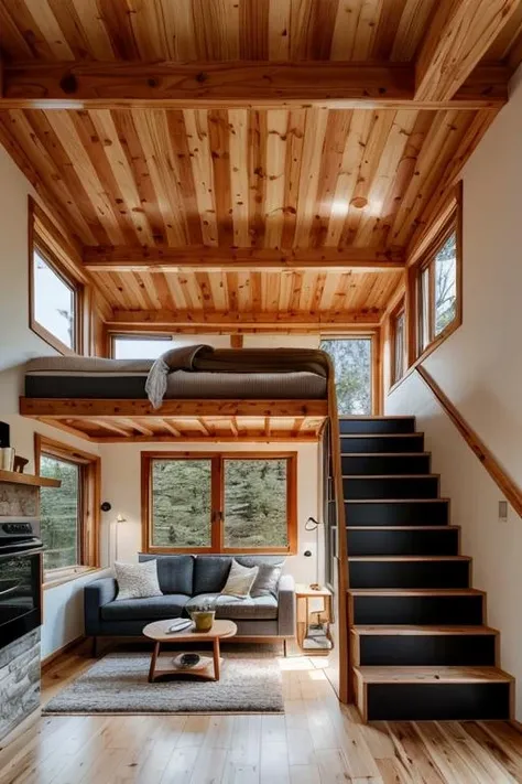 interiortinyhouse interior couch, kitchen, wooden, stairs, table, stove, pan, mug, rug, ((masterpiece)), realistic, epic, details,<lora:ARWinteriortinyhouse:1>