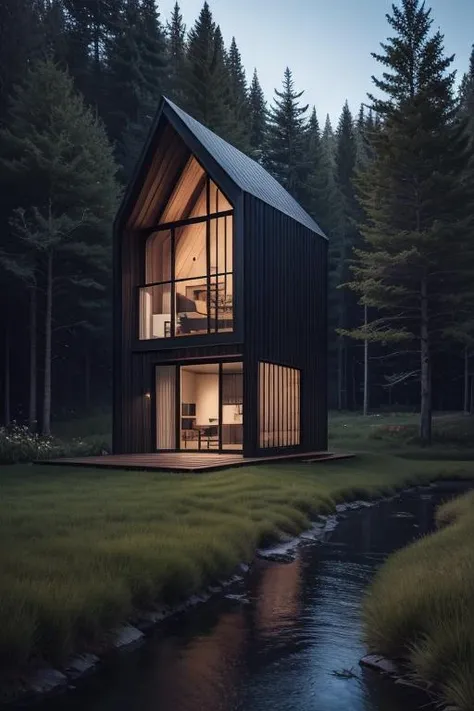 exteriortinyhouse exterior triangle shape in forest, black panel, morning, stones, river side, ((masterpiece)), realistic, epic, details, grass, cliff, mountain, <lora:ARWexteriortinyhouse:1>
