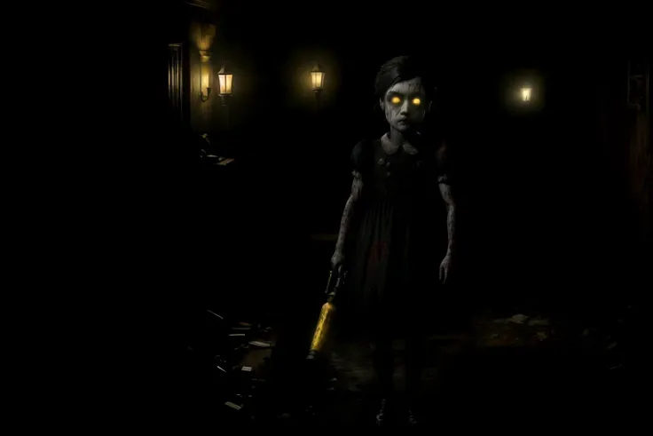 award winning (fullbody shot:1.2) of lilsis, dirty, blood, muddy dress, black hair, dress, horror \(theme\), solo, yellow eyes, dark, yellow sclera, glowing eyes, creepy atmosphere with black background by lee jeffries, nikon d850, film stock, photograph 4 kodak portra 400 camera f1.6 lens, rich colors, hyper realistic, lifelike texture, dramatic lighting, unreal engine, trending on artstation, cinestill 800 <lora:LittleSister:1>