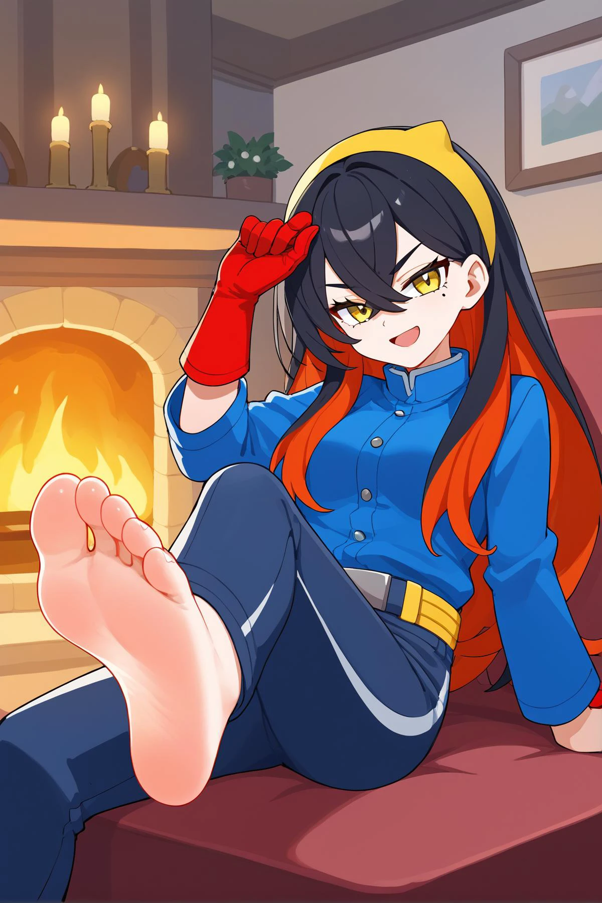 score_9, score_8_up, masterpiece, best quality,
1girl, <lora:pokemon_carmine_ponyXL:1>, carmine, mole under eye, hairband, blue jacket, long sleeves, red gloves, pants, belt, colored inner hair, black hair, red hair, yellow eye,
,
(playful and mischievous expression, a seductive look, a come-hither expression), (cheeky look, self-satisfied, smirking, sly, cunning expression), (open mouth),
indoors, cozy fireplace , ((bare feet)), closed up soles,<lora:feet_anime_xl_v1c:0.5>