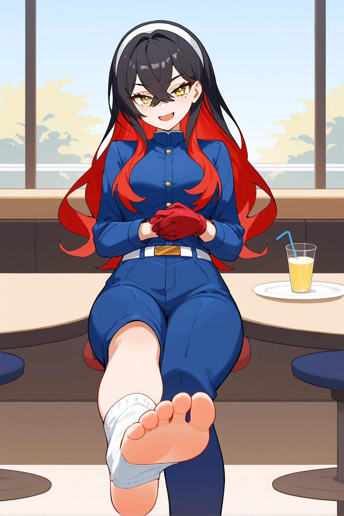 score_9, score_8_up, masterpiece, best quality,
1girl, <lora:pokemon_carmine_ponyXL:1>, carmine, mole under eye, hairband, blue jacket, long sleeves, red gloves, pants, belt, colored inner hair, black hair, red hair, yellow eye,
,
(playful and mischievous expression, a seductive look, a come-hither expression), (cheeky look, self-satisfied, smirking, sly, cunning expression), (open mouth),
restaurant, waterfront , closed up focus feet ((wearing socks)) , closed up soles,<lora:feet_anime_xl_v1c:0.5>