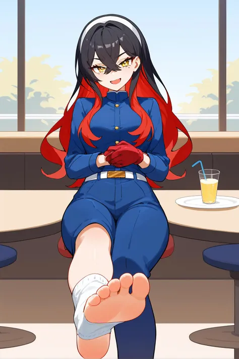 score_9, score_8_up, masterpiece, best quality, 
1girl,  <lora:pokemon_carmine_ponyXL:1>, carmine, mole under eye, hairband, blue jacket, long sleeves, red gloves, pants, belt, colored inner hair, black hair, red hair, yellow eye,
,
(playful and mischievous expression, a seductive look, a come-hither expression), (cheeky look, self-satisfied, smirking, sly, cunning expression), (open mouth),
restaurant, waterfront ,  closed up focus feet ((wearing socks)) , closed up soles,<lora:feet_anime_xl_v1c:0.5>