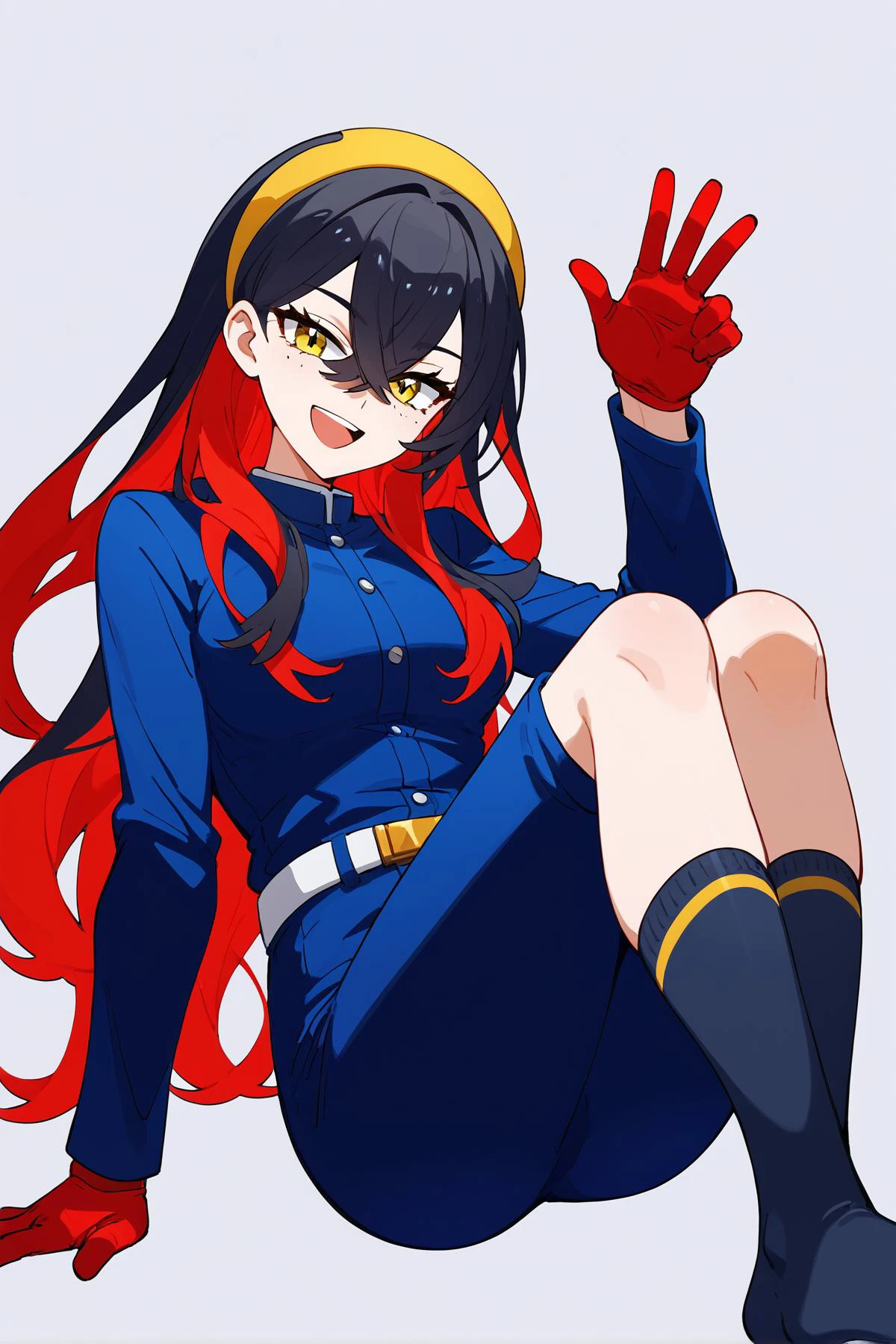 score_9, score_8_up, masterpiece, best quality,
1girl, <lora:pokemon_carmine_ponyXL:1>, carmine, mole under eye, hairband, blue jacket, long sleeves, red gloves, pants, belt, colored inner hair, black hair, red hair, yellow eye,
,
(playful and mischievous expression, a seductive look, a come-hither expression), (cheeky look, self-satisfied, smirking, sly, cunning expression), (open mouth),
indoor, art gallery , closed up focus feet ((wearing socks)) , closed up soles,<lora:feet_anime_xl_v1c:0.5>