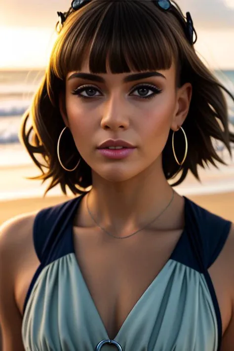(sharp focus:1.2), photo,  JaniceGriff,  (beautiful face:1.1), detailed eyes, luscious lips, (cat eye makeup:0.85),  wearing (romper:1.2) on a (beach:1.2).  (moody lighting:1.2), depth of field, bokeh, 4K, HDR. by (James C. Christensen:1.2|Jeremy Lipking:1.1),  <lora:JaniceGriff:0.9>