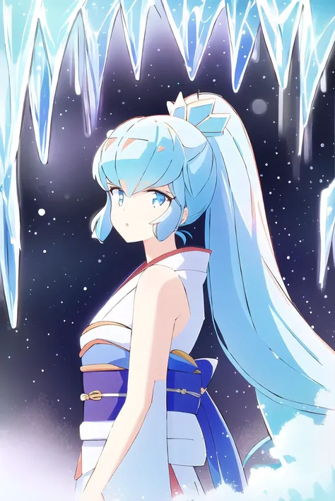 best quality, 1girl, beautiful face, long blue hair, bangs, ponytail, kimono, obi, Urusei Yatsura, Oyuki, FROSTRACETECH, CRYOGENIC, fantasy, winter background, <lora:Urusei Yatsura_Oyuki:0.7> <lora:FrostRaceTech-20:0.8>