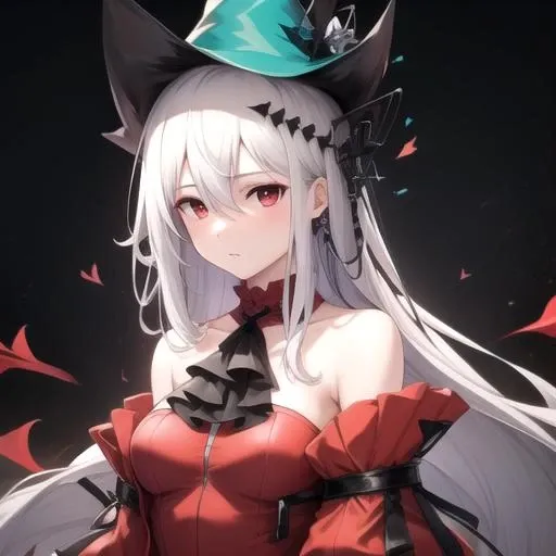((masterpiece)),(best quality),official art,extremely detailed CG,unity 8k wallpaper,ultra detailed,1girl,solo,upper body,(portrait:1.2),skadi the corrupting heart (arknights),looking at viewer,fringe,hair between eyes,red eyes,silver hair,very long hair,long sleeves,hat,detached sleeves,boots,frills,thigh strap,red dress,shoes,short dress,frilled dress,<lora:Skadi-corrupting heart(ark)>,