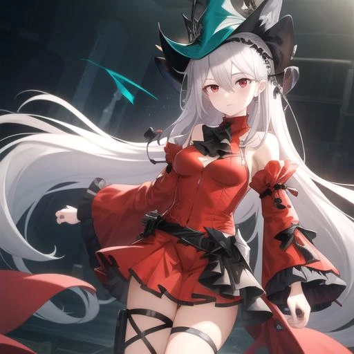 ((masterpiece)),(best quality),official art,extremely detailed CG,unity 8k wallpaper,ultra detailed,1girl,solo,cowboy shot,skadi the corrupting heart (arknights),looking at viewer,fringe,hair between eyes,red eyes,silver hair,very long hair,long sleeves,hat,detached sleeves,boots,frills,thigh strap,red dress,shoes,short dress,frilled dress,<lora:Skadi-corrupting heart(ark)>,