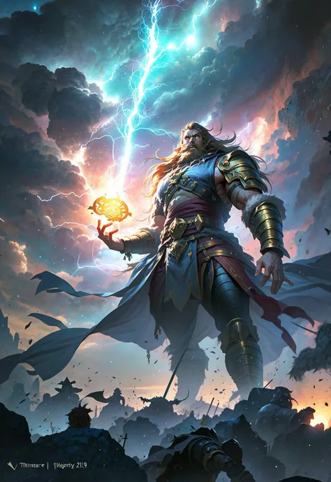 fantasy, concept art, 2d anime style, hand drawn, cg special effects, weapon, beard, lightning, male focus, cloud, sky, sword, electricity, long hair, multiple boys, armor, cloak, pole arm, helmet, horn, spear, cloudy sky, glowing eyes, belt, giant, god, battle<lora:Exotic V2:0.8>,