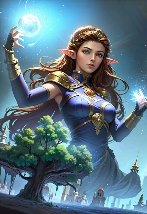 fantasy, concept art, 2d anime style, hand drawn, CG special effects, 1 girl, brown hair, long hair, solo, gloves, blue eyes, castle, pointed ears, hair accessories, fingerless gloves, tree, god, giant girl<lora:Exotic V2:0.8>,