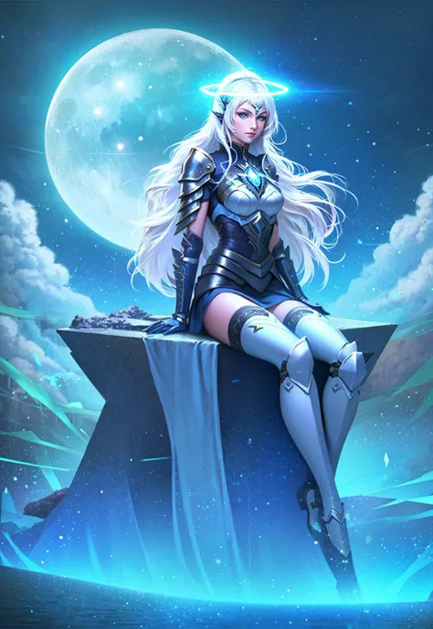 fantasy,Concept art,2d anime style,hand drawing,CG special effects,1girl,moon,solo,long hair,sitting,white hair,blue eyes,halo,sky,thighhighs,copyright name,night,full moon,armor,<lora:Exotic V2:0.8>,