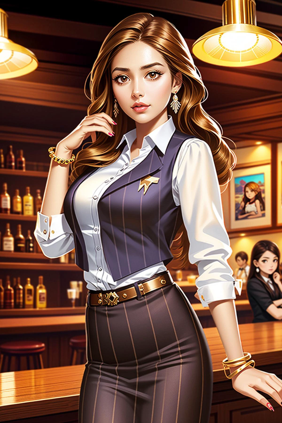 Concept art, 2d anime style, hand-drawn art, 1girl, jewelry, earrings, brown hair, solo, belt, vest, looking at viewer, brown eyes, indoors, long hair, pinstripe pattern, bar (place), nail polish, bracelet, lips, striped, skirt, breasts, shirt, formal, standing<lora:Exotic V2:0.8>,