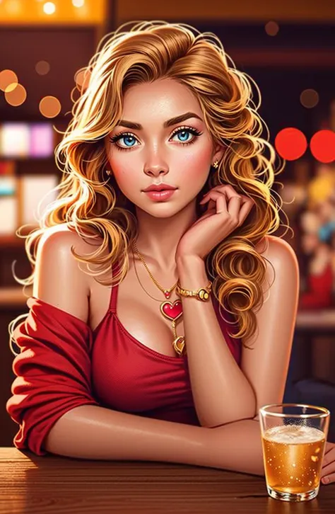 Concept art,2d anime style,hand-drawn art,1girl,solo,jewelry,necklace,ring,long hair,heart,looking at viewer,lips,cup,blurry,crossed arms,dress,drinking glass,blue eyes,bokeh,upper body,blonde hair,breasts,wavy hair,bar (place),alcohol,depth of field,bare shoulders,blurry background,brown hair,eyelashes,table,heart necklace,red dress,<lora:Exotic V2:0.8>,