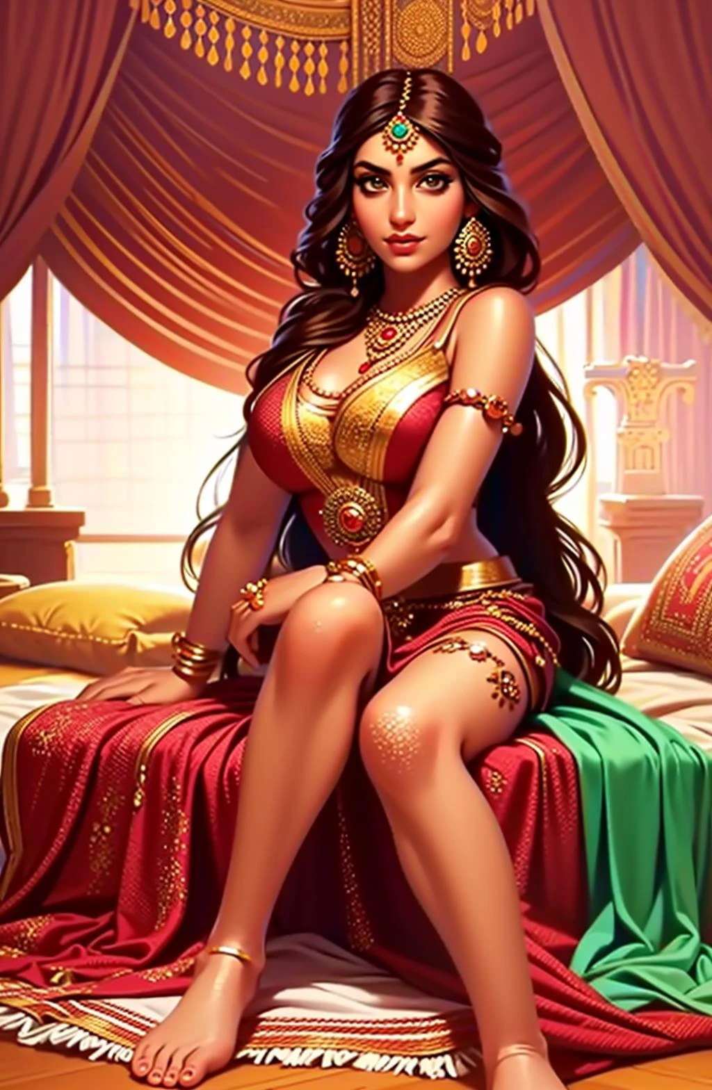 Concept art, 2d anime style, Indian costumes, 1girl, barefoot, breasts, jewelry, solo, cleavage, dress, sitting, bed, brown hair, long hair, large breasts, necklace, earrings, feet, bare shoulders, realistic, carpet, looking at viewer, indoors, leg ribbon, lips, rug, strap slip<lora:Exotic V2:0.8>,