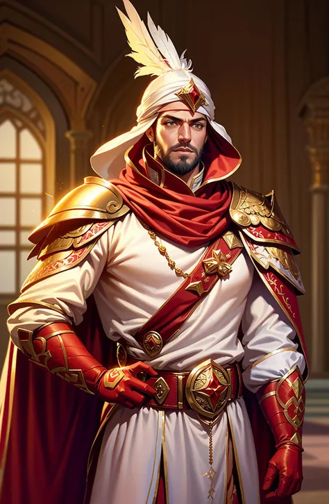 concept art,2d anime style,hand-drawn work,persian costume,1boy,male focus,facial hair,solo,beard,gloves,cape,belt,red gloves,indoor,blurred background,feathers,sheath,bandana,standing,blur,armor,beard,raise hand,magic,white headdress,cowboy shot,white cape,floating,<lora:Exotic V2:0.8>,