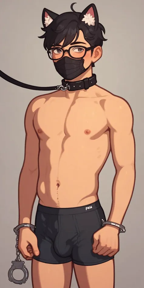 score_9, score_8_up, score_7_up, score_6_up, score_5_up, score_4_up, male focus, solo, handcuffs, asian, black hair, glasses, black mask, cat ears, collar, leash, standing over you, boxer briefs bulge, smooth belly, sunna (nilsunna), source_cartoon, rating_explicit <lora:PrisonerLyCORIS-Prodigy-000025:0.4>