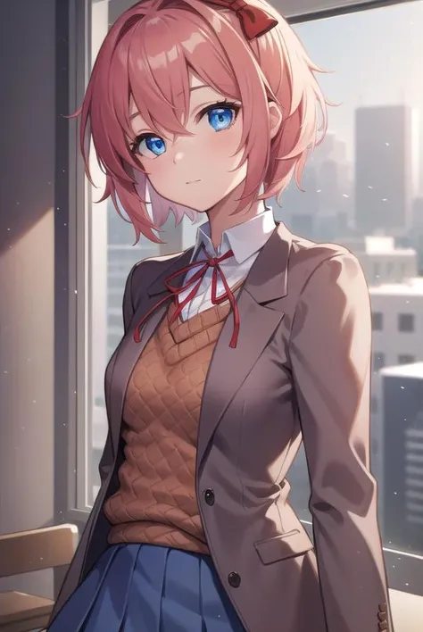 ddlcsayori, <lora:ddlcsayoritest:1>,
ddlcsayori, blue eyes, hair between eyes, hair bow, hair ornament, pink hair, red bow, short hair, (small breast:1.2),
BREAK blue skirt, pleated skirt, school uniform, skirt, brown jacket, jacket,
BREAK looking at viewer,
BREAK indoors, classroom,
BREAK <lora:GoodHands-vanilla:1>, (masterpiece:1.2), best quality, high resolution, unity 8k wallpaper, (illustration:0.8), (beautiful detailed eyes:1.6), extremely detailed face, perfect lighting, extremely detailed CG, (perfect hands, perfect anatomy),
