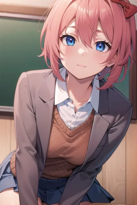 ddlcsayori, <lora:ddlcsayoritest:1>,
ddlcsayori, blue eyes, hair between eyes, hair bow, hair ornament, pink hair, red bow, short hair, (small breast:1.2),
BREAK blue skirt, pleated skirt, school uniform, skirt, brown jacket, jacket,
BREAK looking at viewer,
BREAK indoors, classroom,
BREAK <lora:GoodHands-vanilla:1>, (masterpiece:1.2), best quality, high resolution, unity 8k wallpaper, (illustration:0.8), (beautiful detailed eyes:1.6), extremely detailed face, perfect lighting, extremely detailed CG, (perfect hands, perfect anatomy),