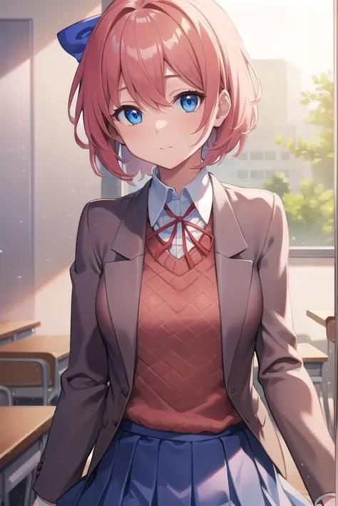 ddlcsayori, <lora:ddlcsayoritest:1>,
ddlcsayori, blue eyes, hair between eyes, hair bow, hair ornament, pink hair, red bow, short hair, (small breast:1.2),
BREAK blue skirt, pleated skirt, school uniform, skirt, brown jacket, jacket,
BREAK looking at viewer,
BREAK indoors, classroom,
BREAK <lora:GoodHands-vanilla:1>, (masterpiece:1.2), best quality, high resolution, unity 8k wallpaper, (illustration:0.8), (beautiful detailed eyes:1.6), extremely detailed face, perfect lighting, extremely detailed CG, (perfect hands, perfect anatomy),