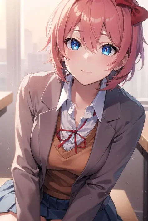 ddlcsayori, <lora:ddlcsayoritest:1>,
ddlcsayori, blue eyes, hair between eyes, hair bow, hair ornament, pink hair, red bow, short hair, (small breast:1.2),
BREAK blue skirt, pleated skirt, school uniform, skirt, brown jacket, jacket,
BREAK looking at viewer,
BREAK indoors, classroom,
BREAK <lora:GoodHands-vanilla:1>, (masterpiece:1.2), best quality, high resolution, unity 8k wallpaper, (illustration:0.8), (beautiful detailed eyes:1.6), extremely detailed face, perfect lighting, extremely detailed CG, (perfect hands, perfect anatomy),