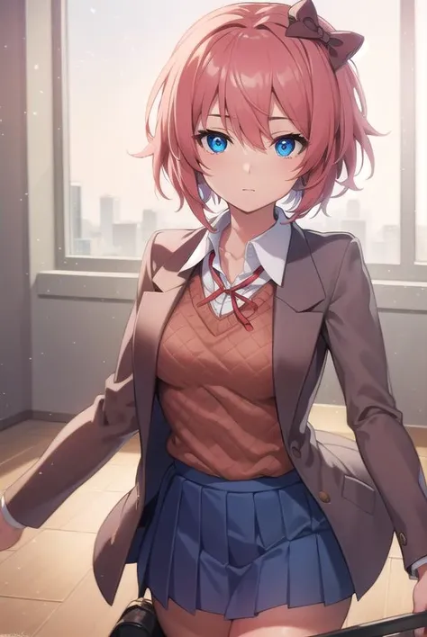 ddlcsayori, <lora:ddlcsayoritest:1>,
ddlcsayori, blue eyes, hair between eyes, hair bow, hair ornament, pink hair, red bow, short hair, (small breast:1.2),
BREAK blue skirt, pleated skirt, school uniform, skirt, brown jacket, jacket,
BREAK looking at viewer,
BREAK indoors, classroom,
BREAK <lora:GoodHands-vanilla:1>, (masterpiece:1.2), best quality, high resolution, unity 8k wallpaper, (illustration:0.8), (beautiful detailed eyes:1.6), extremely detailed face, perfect lighting, extremely detailed CG, (perfect hands, perfect anatomy),