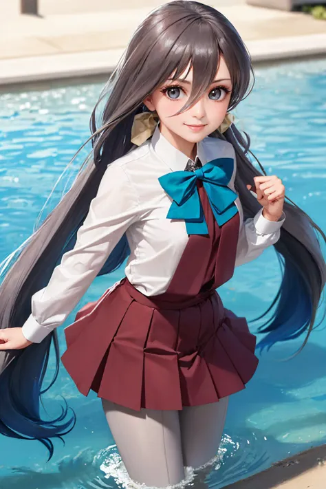 (masterpiece, best quality:1.2), <lyco:kancolle_kiyoshimo-10:1.0>, cowboy shot, solo, 1girl, kiyoshimo, smile, looking at viewer, wading, low twintails, ahoge, school uniform, white shirt, bowtie, long sleeves, grey pantyhose
