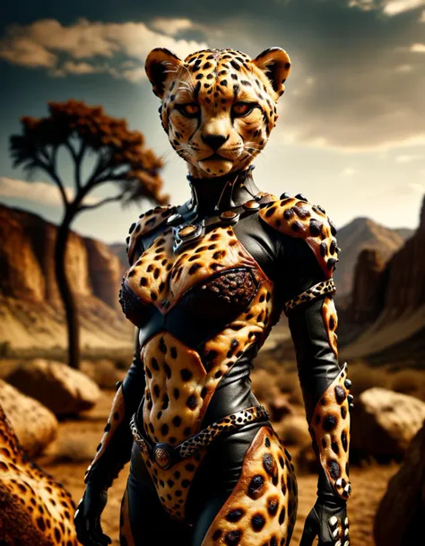 photograph, modelshoot style shot of a (made of ral-roasted:1.2) , it is Raging, detailed with Cheetah details, Panorama, Western landscapes, asymmetry, anime-inspired art, Superhero comics, BW, <lora:ral-roasted-sdxl:0.8>, artistic, highly color focused, fine polished, highly enhanced, beautiful detailed supreme quality color intricate, rich vivid colors