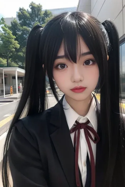 ltra-detailed,highly detailed,best quality,masterpiece,illustration,realistic,photorealistic,
nakano azusa, sakuragaoka high school uniform,
1girl, solo, cosplay,
very long hair, bangs, low twintails,
looking at viewer, upper body,
outdoors, lake,
<lora:nakano azusa_v1_06:0.7>
