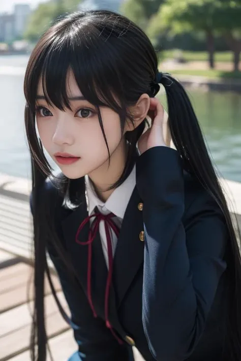 ltra-detailed,highly detailed,best quality,masterpiece,illustration,realistic,photorealistic,
nakano azusa, sakuragaoka high school uniform,
1girl, solo, cosplay,
very long hair, bangs, low twintails,
looking at viewer, upper body,
outdoors, lake,
<lora:nakano azusa_v1_06:0.7>