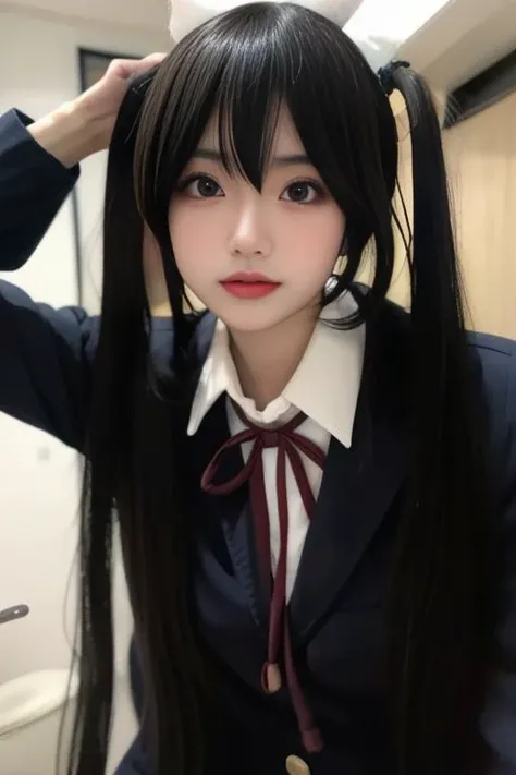 ltra-detailed,highly detailed,best quality,masterpiece,illustration,realistic,photorealistic,
nakano azusa, sakuragaoka high school uniform,
1girl, solo, cosplay,
very long hair, bangs, low twintails,
looking at viewer, upper body,
<lora:nakano azusa_v1_06:1.0>