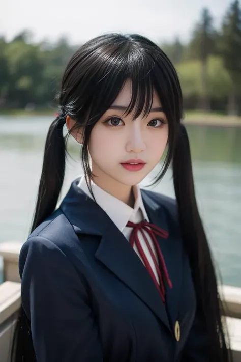 ltra-detailed,highly detailed,best quality,masterpiece,illustration,realistic,photorealistic,
nakano azusa, sakuragaoka high school uniform,
1girl, solo, cosplay,
very long hair, bangs, low twintails,
looking at viewer, upper body, 
outdoors, lake, 
<lora:nakano azusa_v1_06:0.7>