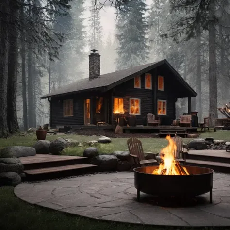 Horror-themed,  <lora:Cinematic Hollywood Film:1.5>
Epic Creative Scene a cabin in the woods with a patio and a fire pit Cinematic Hollywood Film Style, Eerie, unsettling, dark, spooky, suspenseful, grim, highly detailed