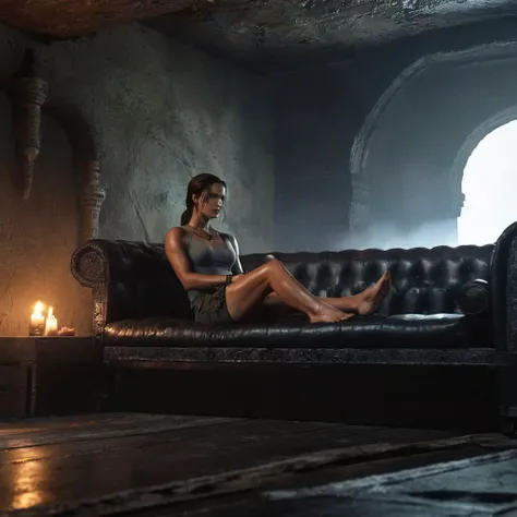 Lara Croft sitting tied up in the manor, (ropes on chair), trapped, shackles, candle in the table, tosca tanktop.