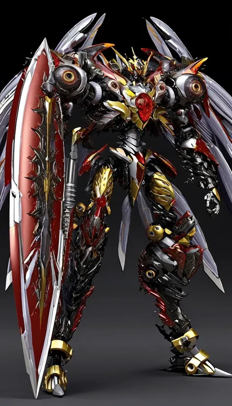 professional 3d model of (BRS:1.6),(mecha:1),(biomechanical:1.5),mecha armor,glowing eyes,(full body:1.2),mechanical parts,robot joints,(holding huge sword:1.5),(huge mechanical shield:1.2),best quality,masterpiece,highly detailed,ultra-detailed,(huge mechanical weapon:1.3),(detailed weapon:1.2),(huge mechanical gun:1.2),<lora:srdxl_v2_7_5a7:0.8>,octane render,highly detailed,volumetric,dramatic lighting,