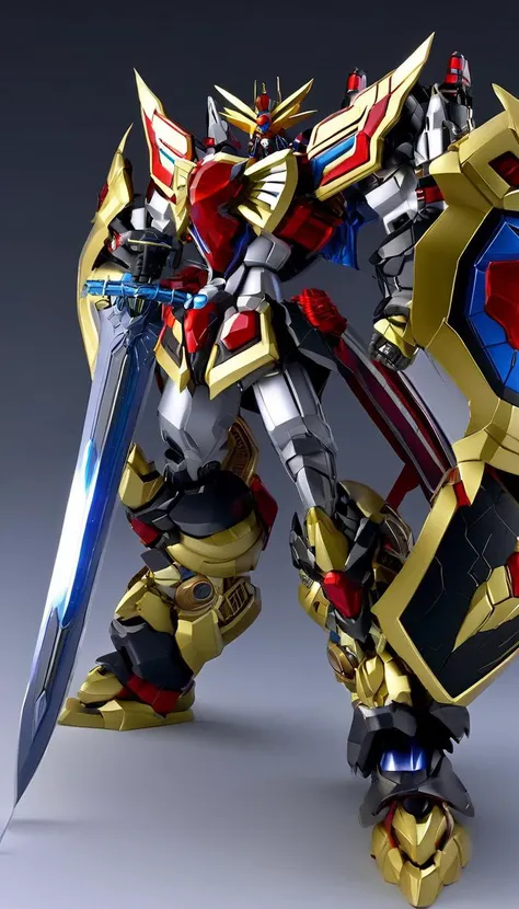 professional 3d model of (SRS:1.2),(mecha:1),(super robot:1),mecha armor,glowing eyes,(full body:1.2),mechanical parts,robot joints,(holding huge sword:1.5),(huge mechanical shield:1.2),best quality,masterpiece,highly detailed,ultra-detailed,(huge mechanical weapon:1.3),(detailed weapon:1.2),(huge mechanical gun:1.2),<lora:srdxl_v2_7_5a7:0.8>,octane render,highly detailed,volumetric,dramatic lighting,