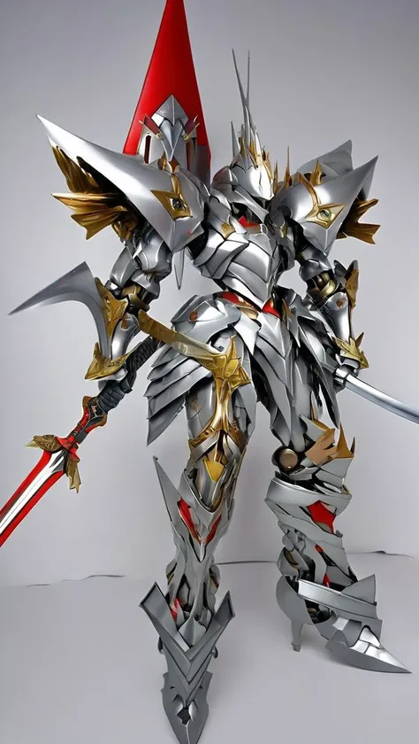 (FRS:1.2),(fantasy:1.5),mecha, (sharp armor:1.5),(stylish proportions:3), (mecha armor:1.0),HDR,(detailed armor:1.8),(very biggest size mecha:1.6),glowing eyes,(full body:1.2),mechanical parts,robot joints,(holding huge sword:1.5),(huge mechanical shield:1.2),best quality,masterpiece,highly detailed,ultra-detailed,(huge mechanical weapon:1.3),(detailed weapon:1.2),(huge mechanical gun:1.2), <lora:srdxl_v2_5a1:0.8>,