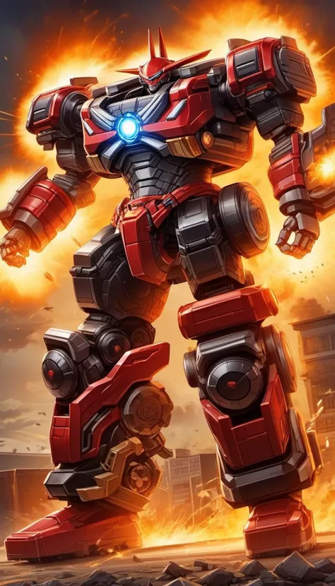 illustration, (RARS:0.8), (SRS:0.8), a (((super mecha))) with massive and strong design, glowing eyes, full body, highly detailed, (heroic parts:1.5),(military parts:0.5), (dynamic pose:1.5),(highly detailed full armor:1.2), (battlefield:1.2), explosion, stray bullet, <lora:srdxl_v1f:0.4>