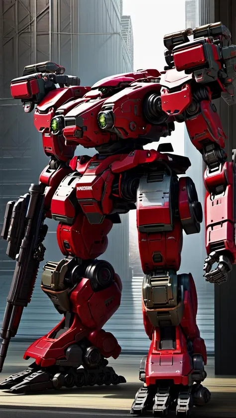 a heavy mech, (MRS:0.8),( hawken:1.5), best quality, masterpiece, ultra-detailed, mecha robot,(heroic detailed armor:1.5), (ultra-detailed mecha armor), full armor, (large size robot:1.5), glowing eyes, (full body:1.2), clenched hand, mechanical parts, robot joints, (battle-ready:1.2),(powerful stance:1.3),(Detailed eye description:1.2),(huge mechanical weapon:1.2), (detailed weapon description:1.2), <lora:srdxl_v2k:0.4>