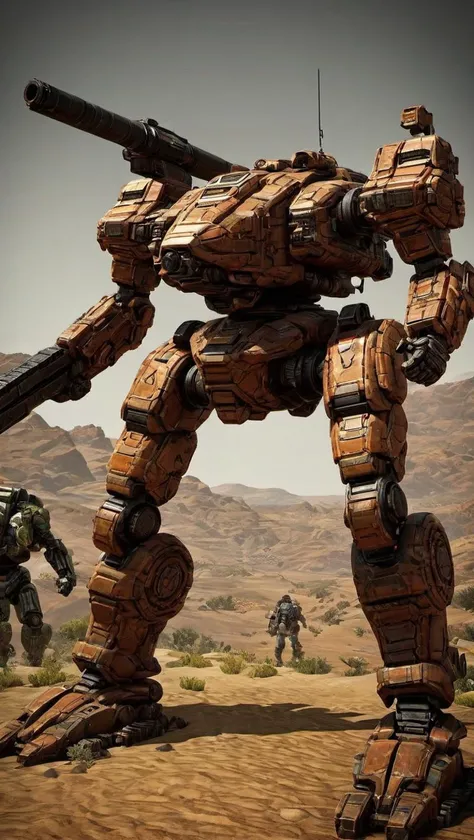 (BATTLETECH:1.5), mecha robot, mecha armor, full armor, (large size robot:1.5), glowing eyes, battlefield, (full body:1.2), mechanical parts, robot joints, (huge weapon:1.2),best quality, masterpiece, highly detailed, ultra-detailed,(battle-ready:1.2),(powerful stance:1.3),(Detailed eye description:1.2),(huge mechanical weapon:1.3),(detailed armor description:1.2), (detailed weapon description:1.2),(huge mechanical gun:1.2), (holding weapon and weapon :1.3) <lora:srdxl_v1f:0.5>