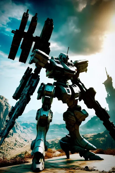 (masterpiece:1.3), best quality:1.4, detailed unity 8k wallpaper, highres, absurdres:1.2, depth of field:1.3, perfect lighting, cinematic shadows, highly detailed background, hyperrealistic, BREAK
(super-perfect anatomy head face limbs arms hands fingers legs:1.4), BREAK
(super-beautiful-detailed 1robot attractive-body breasts novelty-character-design face eyes mecha seams curve silhouette well-proportion shield backpack RARS), slender:1.5, constricted waist:1.3, solo, BREAK
(no humans), armoredcore, large size robot, <lora:srdxl_v1_5g:0.8>, Tolerance around subject, ruined city, Nature grows in a city that was abandoned thousands of years ago, silence, sunlight, action, cinematic, beautiful figure