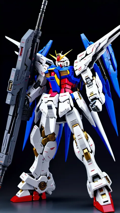 (GUNDAM:1), mecha robot, mecha armor, full armor, (large size robot:1.5), glowing blue eyes, battlefield, (full body:1.2), clenched hand, mechanical parts, robot joints, (huge weapon:1.2),best quality, masterpiece, highly detailed, ultra-detailed,(battle-ready:1.2),(powerful stance:1.3),(Detailed eye description:1.2),(huge mechanical weapon:1.3),(detailed armor description:1.2), (detailed weapon description:1.2),(huge mechanical gun:1.2), (holding weapon and weapon :1.3)<lora:srdxl_v2k:0.4>