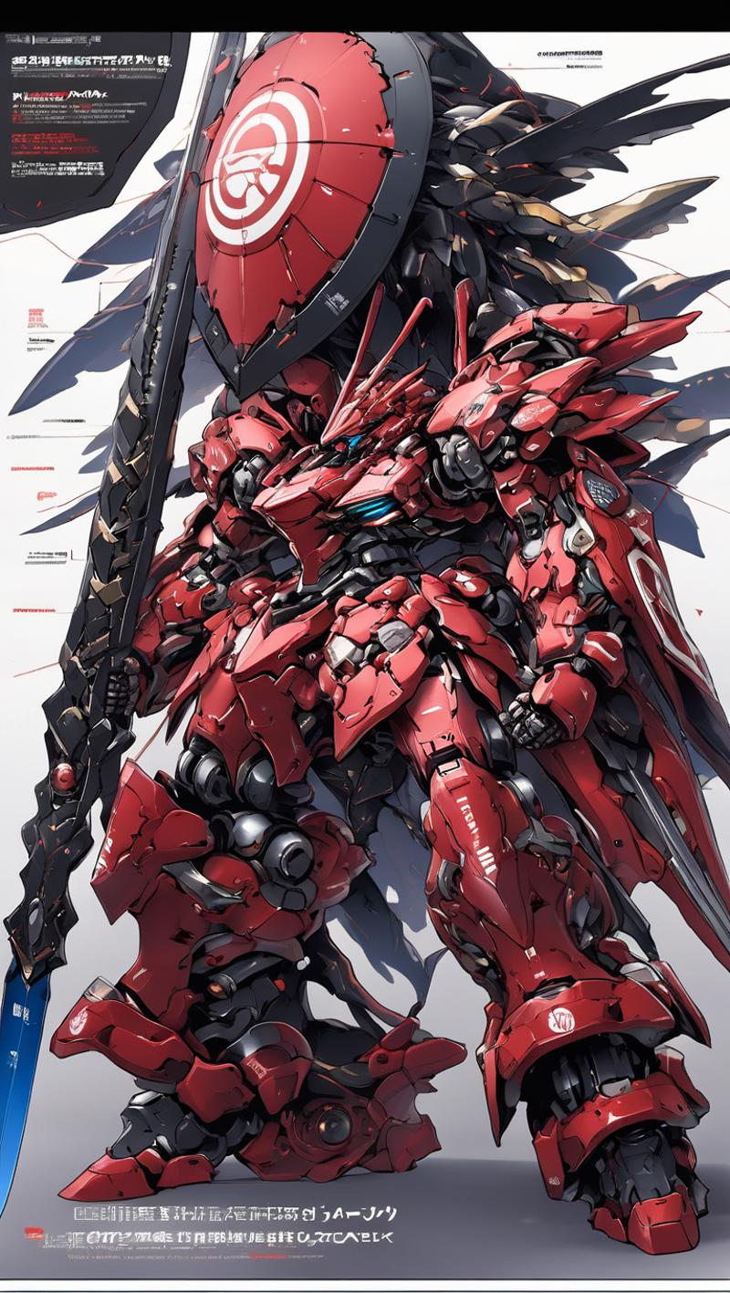 A close up of a red and black robot with a sword - SeaArt AI